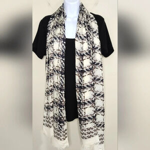 Ivory Black Brown Tweed Print Scarf Sheer Contemporary Dark Academia Raw Edge‎
